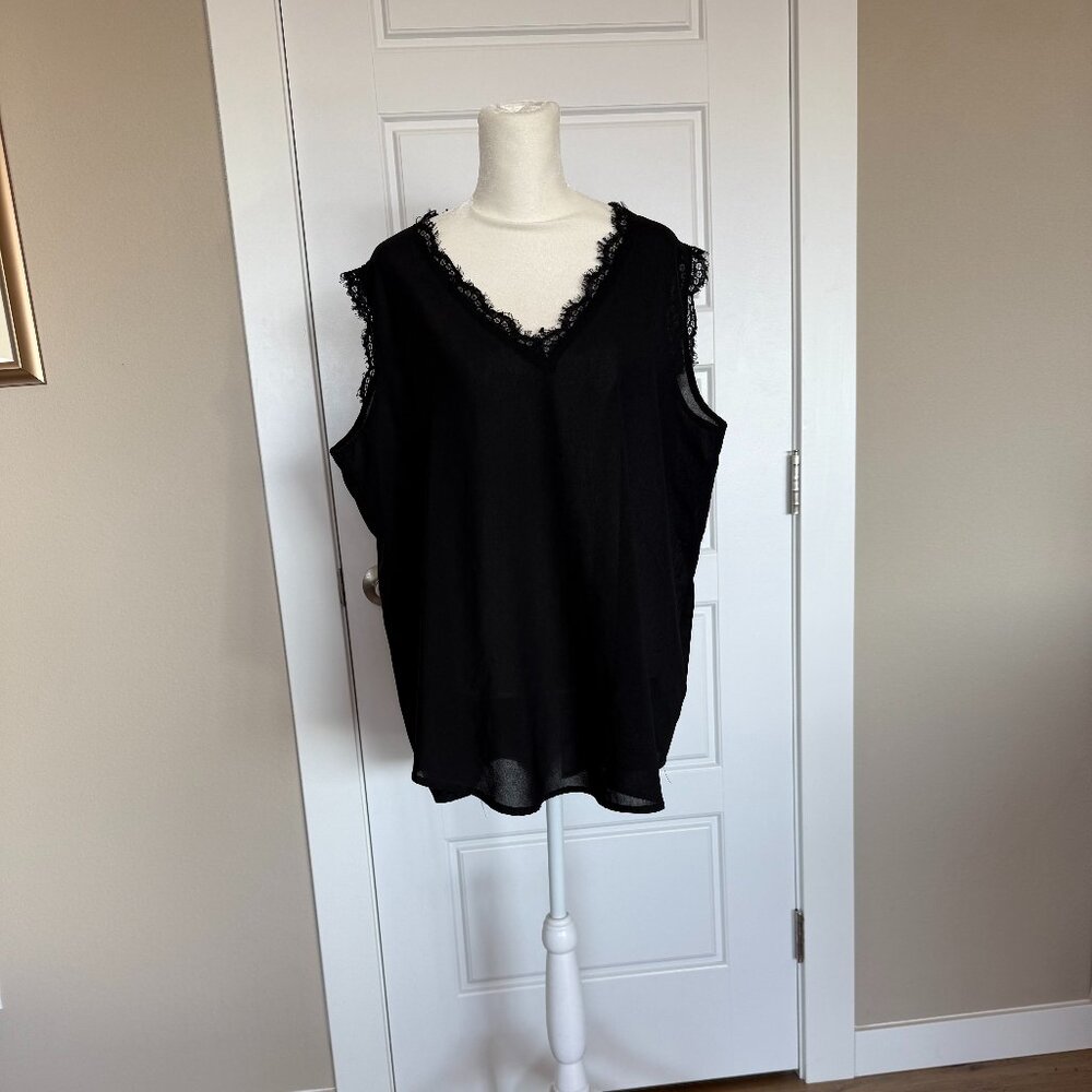 Black Lace Trimmed V-Neck Blouse - XXL